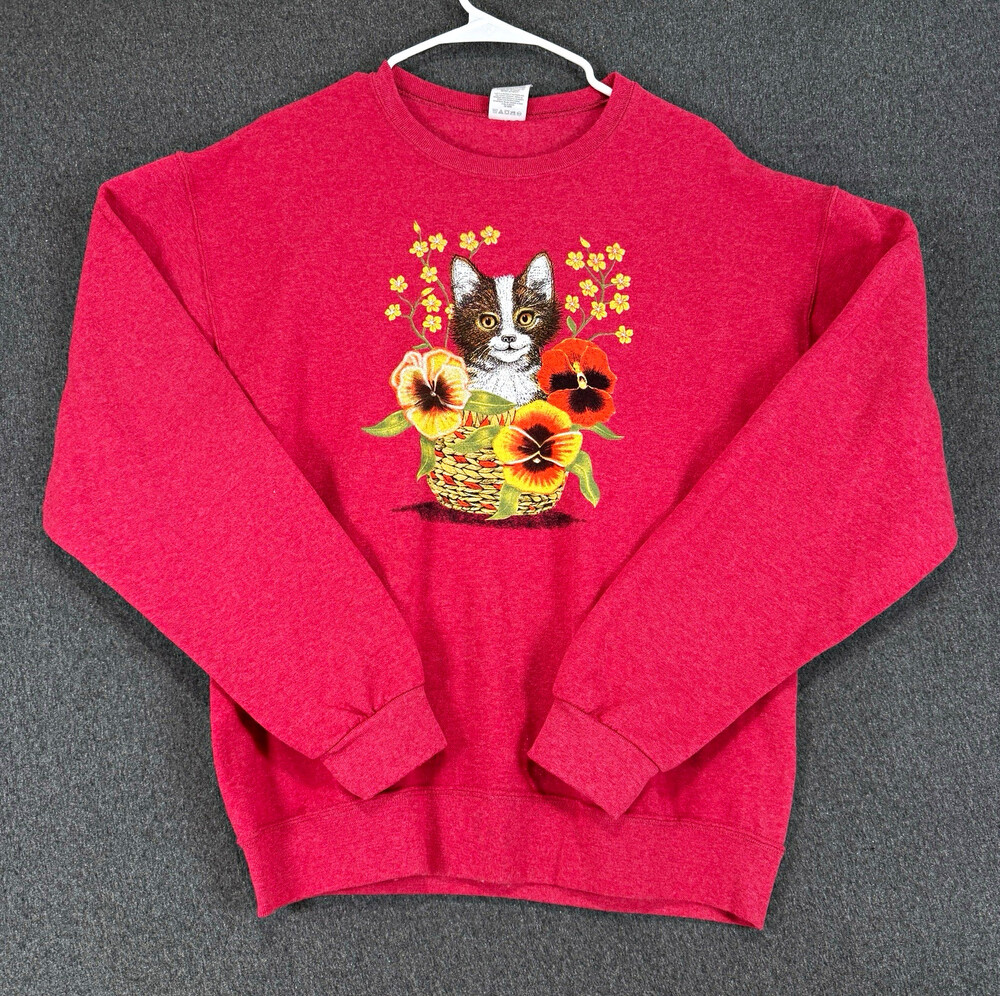 Jerzees NuBlend Cat Floral Crewneck Sweatshirt Womens Medium Red Pink Graphic